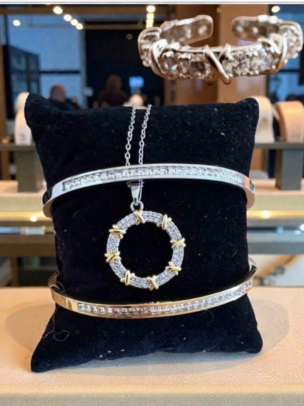 Circle Pendant Necklace with Silver and Gold Tone bangles. & one size Ring